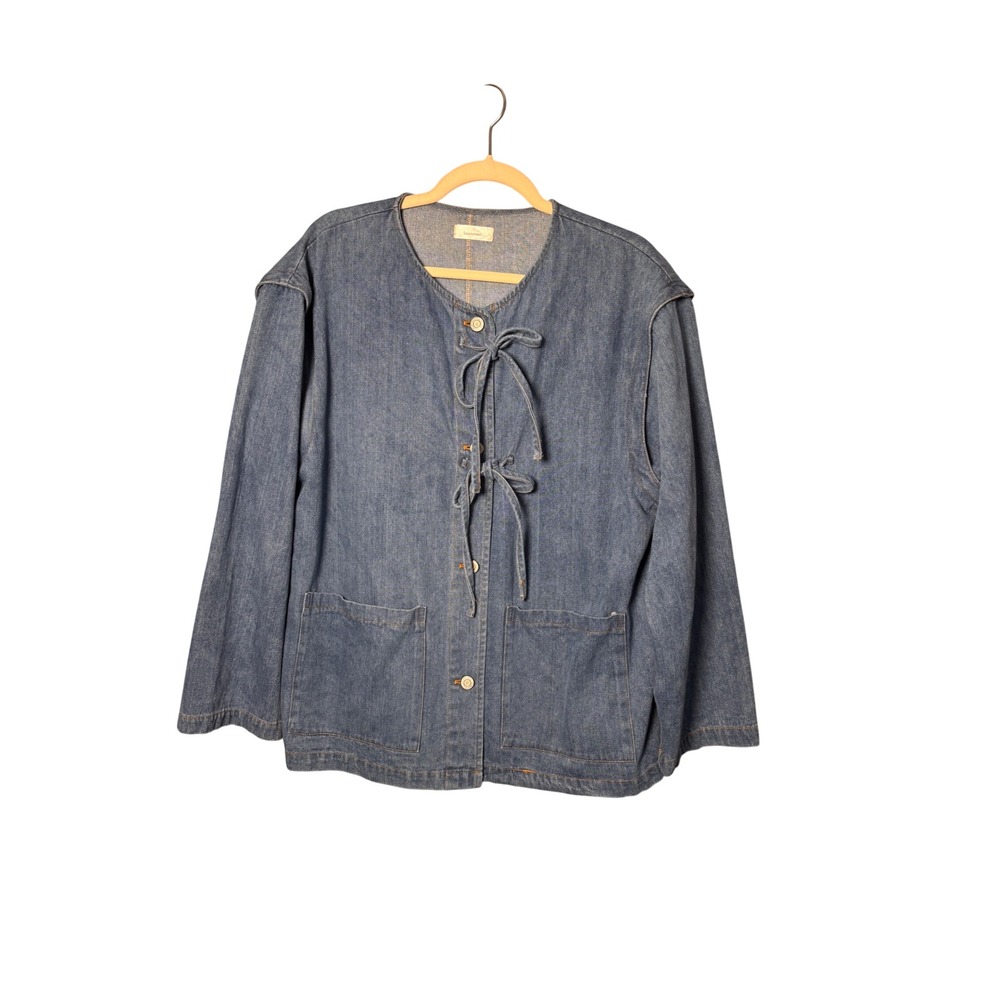 Laumeomi Women Denim Tie Front Jacket L Blue Chore Coat Mori Girl Cottagecore
